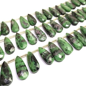 Natural Ruby Zoisite Long Pear Shape Beads, 9x21-12x30mm, 8 Inch Strand, Green Ruby Zoisite Faceted Teardrop Gemstone Beads