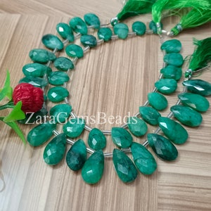 Green Emerald Briolette Pear Beads: AAA Faceted Gemstone, 8 Inch Strand