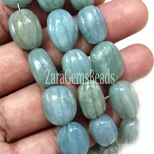 Blue Aquamarine Handmade Gemstone Beads, 9x13-14x20mm, Beads For Jewelry, Aquamarine Carving Oval Shape Beads, 8&quot; Strand