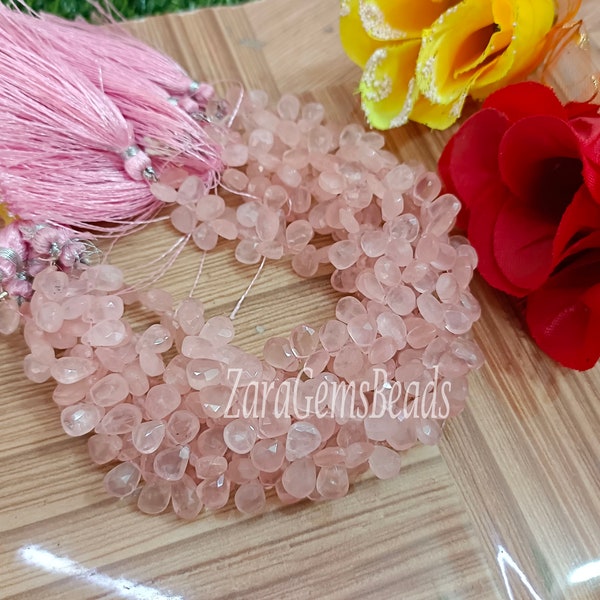 Pink Rose Quartz Faceted Pear Shape Beads, 6x8-7x9mm, 8 Inch Strand, Natural Rose Quartz Briolette Teardrop Gemstone Beads