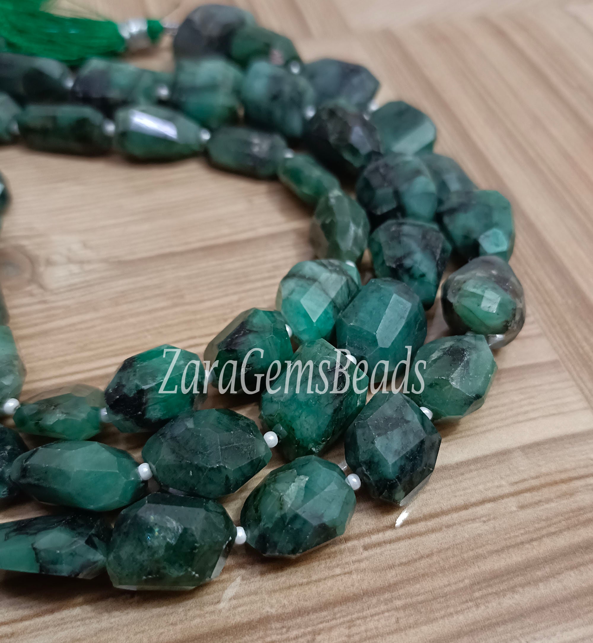 Faceted Emerald Nugget Beads: Green Indian Cut Gemstone, 8 Inch Strand