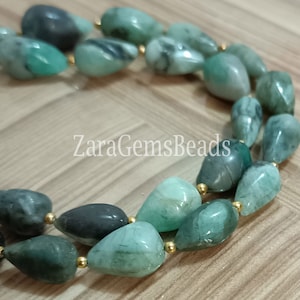 Rare Emerald Teardrop Beads: Natural Smooth Green Gemstone, 8&quot; Strand