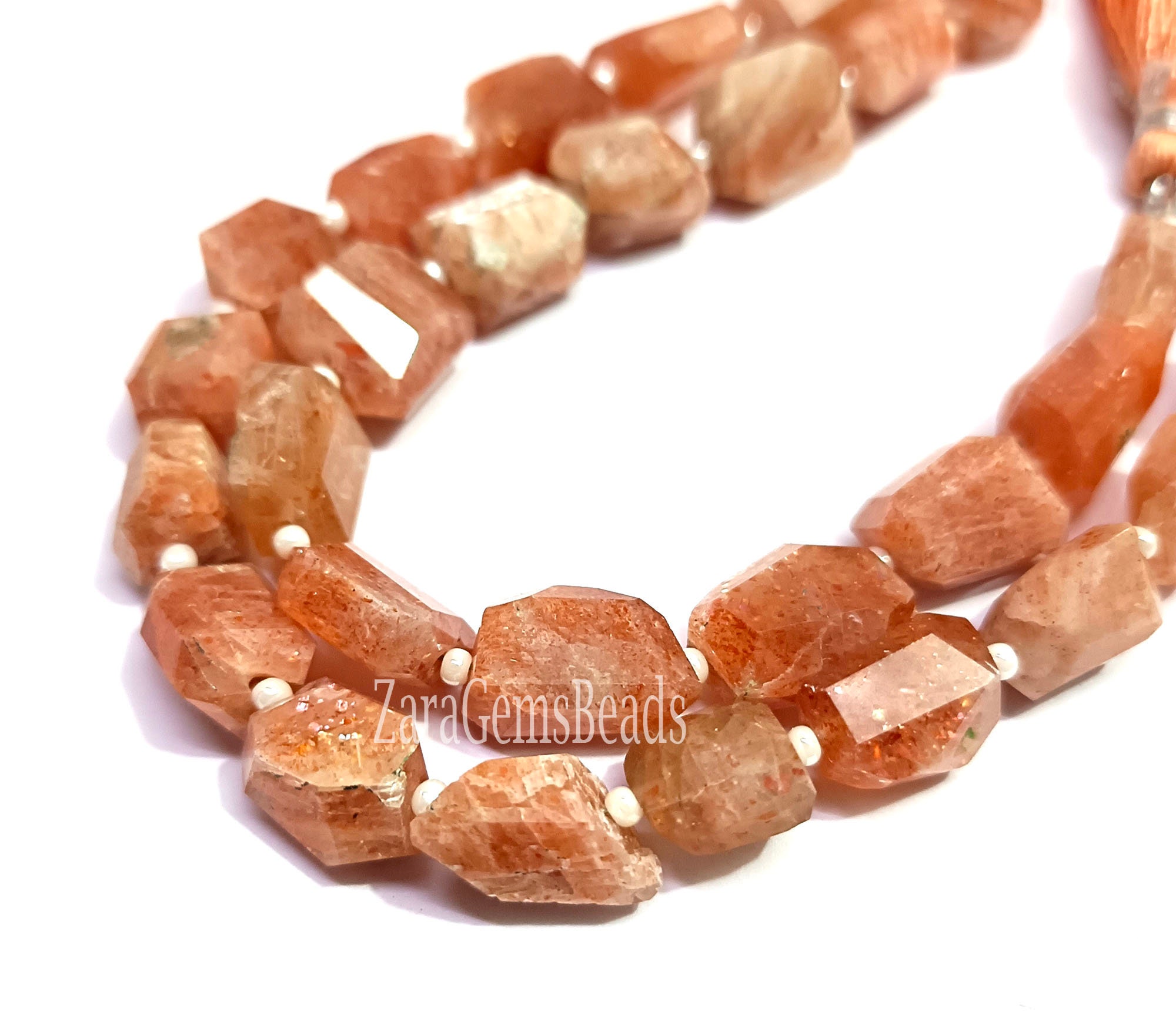 Red Sunstone Faceted Nugget Beads: Indian Cut Gemstone, 8" Strand