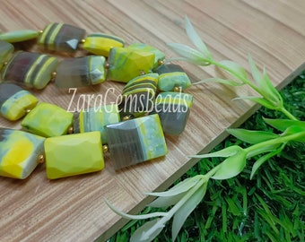 Green Boulder Opal Chicklet Gemstone Beads, 9x13-13x18mm, 8 Inch Strand, Yellow Boulder Opal Faceted Rectangle Shape Beads