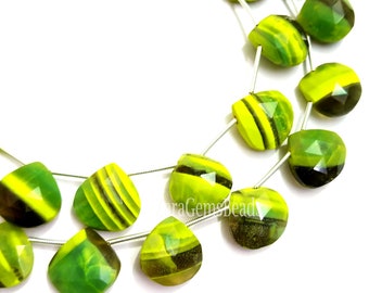 Natural Boulder Opal Briolette Gemstone Beads, 14-15mm, Yellow Green Boulder Opal Faceted Heart Shape Beads, 8&quot; Strand,
