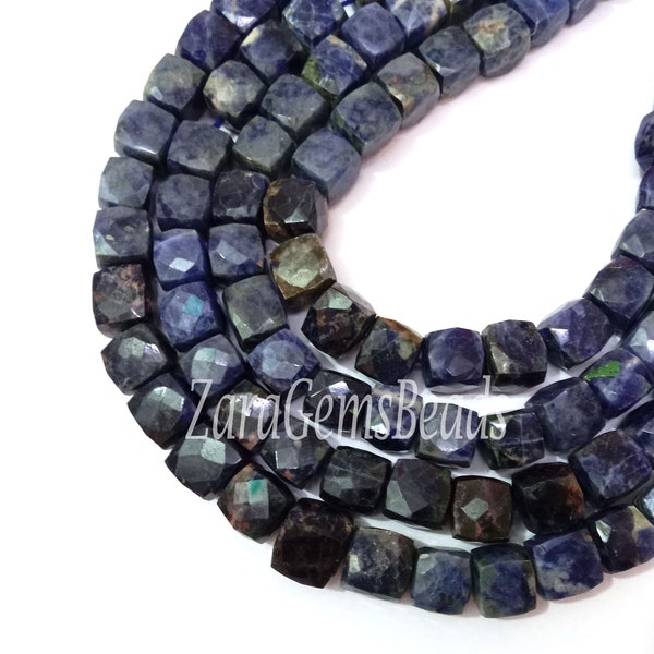 Blue Sodalite Faceted 3D Box Shape Beads, 7-8mm, Natural Sodalite Cube Gemstone Beads, 8" Strand, Jewelry Making