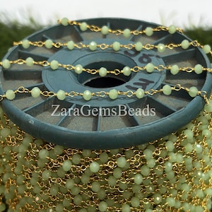 Green Chalcedony Hydro Faceted Rondelle Shape Beads, 3-3.50m, Rosary Chain, Gold Plated Wrapped Chain, Jewelry