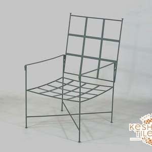 IRON LOUNGE CHAIR - Moroccan Handmade Handpainted Green Stool - Outdoor Provence Wrought Chair With White Cushions, Mid Century Pattern
