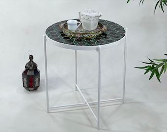 MOROCCAN Black and Green Tiles TABLE, Handmade Mosaic Table, Patio Round Artistic Coffee Table, Unique Geomtric Green End Garden Table