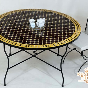 ELEGANT MOSAIC TABLE, Handmade Round Patio Table, Moroccan Mosaic Dark Brown Mustard Yellow Table, Traditional Custom Made Outdoor Furniture