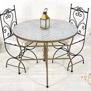 Moroccan Mosaic Table: Handmade White Round Patio Table with Golden Base