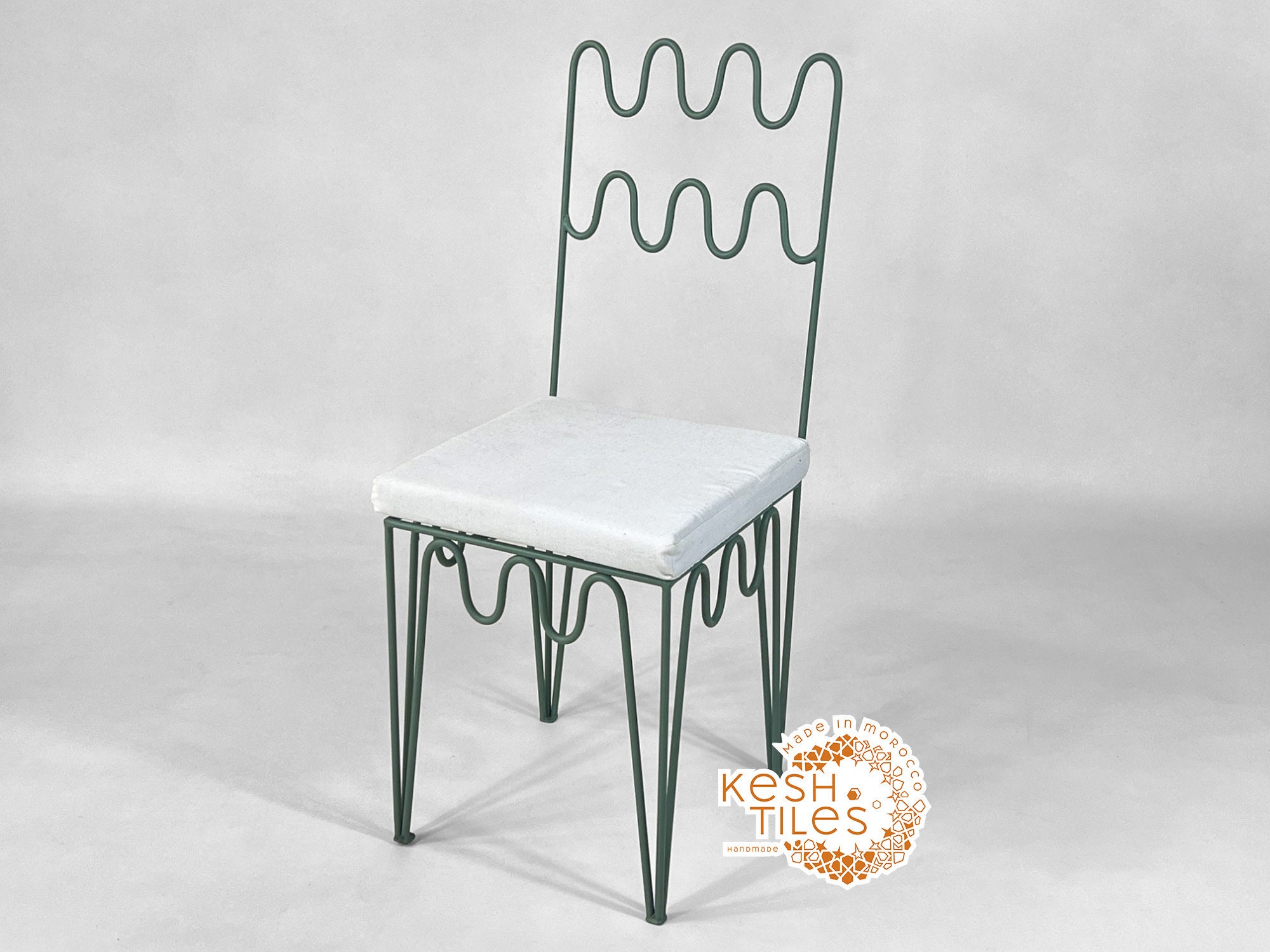 SET Of IRON CHAIRS - Luxurious Wrought Sage Green Chairs With Free White Cushions - Handmade Patio Set Of Iron Chairs