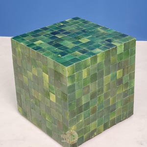 CUBIC SIDE TABLE, Mosaic Cube Green Tamegrout Table,  Tiled Sides Table Cube Columns With Wheels - Bedroom Luxurious Furniture