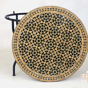 ZELLIJE MOSAIC TABLE, Handmade Round Green Tamegrout And Light Beige Table, Traditional Custom Made Design,  Home Outdoor Patio Coffee Table