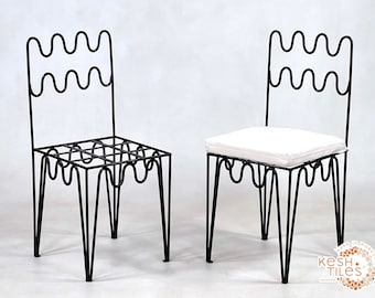 HANDMADE IRON CHAIRS - Moroccan Handpainted Iron Stools - Luxurious Wrought Chairs With Free White Cushions, Unique Home Furniture