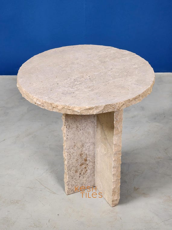 Handmade Beige Travertine Table: Natural Stone Tea Table