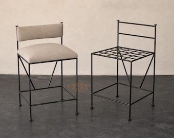 Counter Stools Set: Handforged Iron Stools, Customizable Upholstered Seat & Open Lattice Seat, Moroccan Wrought Iron Furniture
