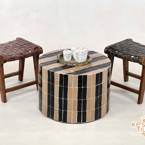 STUNNING HANDMADE Round TABLE, Unique Mosaic Drum Coffee Table, Customizable Beige And Black Patio Table, Elevate Outdoor/Indoor Furniture