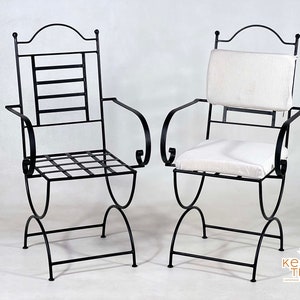 Set Of  MOROCCAN IRON CHAIRS- Luxurious Bistro Chairs With Confortable Armrest, Handmade Outdoor Iron Chairs, Comes with Free White Cushions