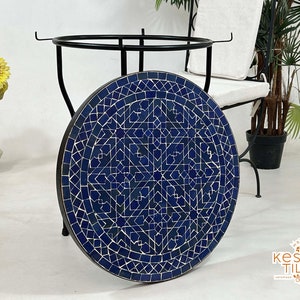 24 Inch REMARKABLE MOSAIC TABLE, Handmade Tiles Table, Moroccan Tealish Blue Tiles, Andalusia Geometric Design, Luxurious Zelij Table