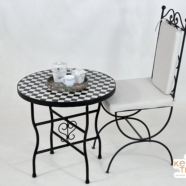 CHECKERED MOSAIC TABLE - Moroccan Round Dining Table - Custom Made Mosaic Chess Table - Black And White Checks Table Top