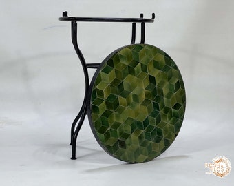 SPECTACULAR MOSAIC TABLE, Custom Made Seaweed And Khaki Green Round Table, Traditional Geometric Design, Luxurious Outdoor Patio Furniture