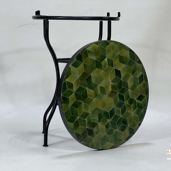 SPECTACULAR MOSAIC TABLE, Custom Made Seaweed And Khaki Green Round Table, Traditional Geometric Design, Luxurious Outdoor Patio Furniture