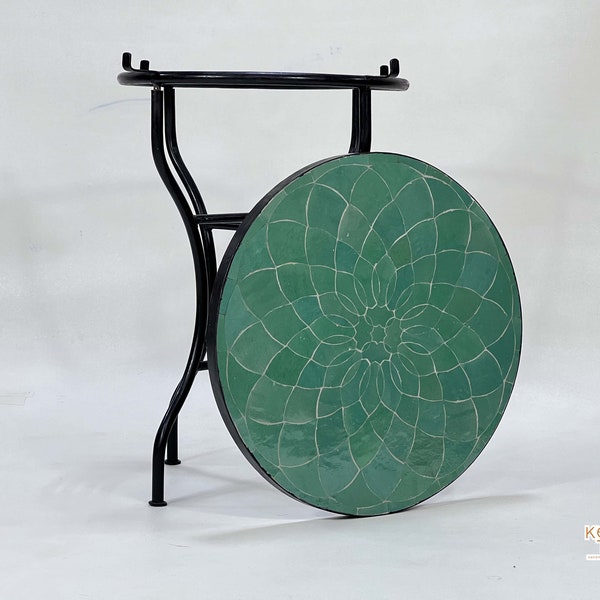 NATURAL GREEN TABLE, Handmade Mosaic Round Table, Unique Moroccan Zellige , Traditional Custom Made Design, Luxurious Outdoor Side Furniture