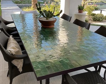 CUSTOMIZABLE MOSAIC TABLE, Handmade Green Rectangular Table, Moroccan Zellije Table, Beautiful Table For Outdoor/Indoor Home Furniture