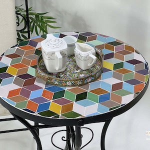 CUSTOM MOSAIC TABLE, Handmade Round Table, Made To Order Tiles Table, Traditional Geometric Design,  Luxurious Outdoor Side Furniture
