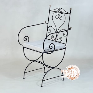 LUXURIOUS IRON CHAIR- Wrought Iron Chair With Golden Finials - Bistro Chair With Confortable White Cushions, Mid Century Pattern