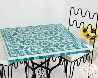 CUSTOMIZABLE MOSAIC TABLE, Moroccan Handmade Rectangular Cyan Blue Table, Traditional Custom Made Design,  Mid Century Mosaic Table