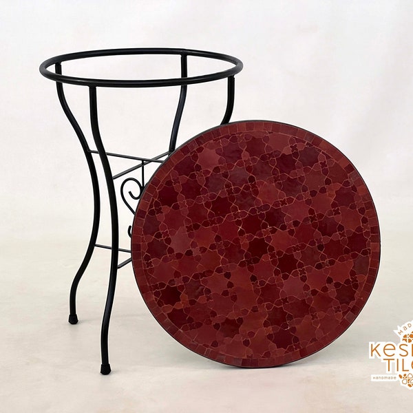 UNIQUE MOSAIC TABLE, Handmade Round Table, Moroccan Mosaic Red Cherrywood Tiles Table, Luxurious Traditional Custom Made Home Furniture
