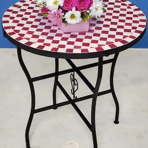 Handmade Checkered Mosaic Table: Moroccan Red Tile, Andalusia Design (28 Inch)