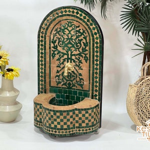 CUSTOM MOSAIC FOUNTAIN - Gorgeous Indoor/Outdoor Artful Fountain - Beige And Emerlad Green Mid Century Pattern - Tree Of Life Tiles Fountain