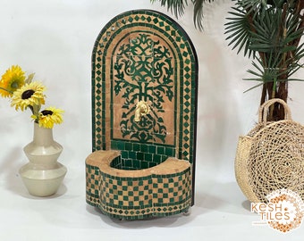 CUSTOM MOSAIC FOUNTAIN - Gorgeous Indoor/Outdoor Artful Fountain - Beige And Emerlad Green Mid Century Pattern - Tree Of Life Tiles Fountain