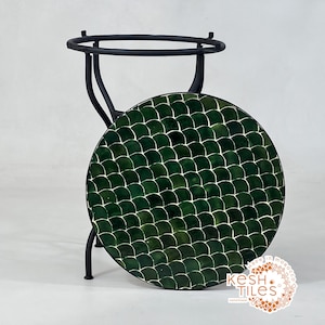 FISH Scale MOSAIC TABLE, Handmade Green Tamegroute Round Tiles Table, Traditional Custom Made Design,  Luxurious Outdoor Patio Furniture