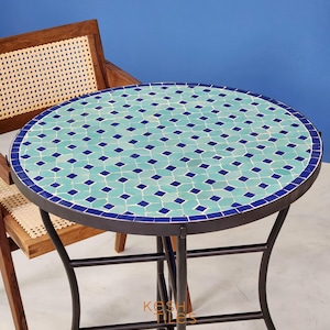 HANDMADE MOSAIC TABLE, Custom Made Turquoise And Navy Blue Round Table, Traditional Andalus Design, Spectacular Outdoor Table For Garden