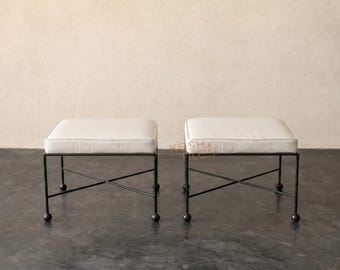 Conjunto de bancos de hierro marroquíes, otomanas tapizadas personalizables, taburetes de metal negro hechos a mano, asientos para recibidor y dormitorio.
