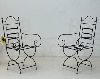 Set Of  MOROCCAN IRON CHAIRS- Handmade Outdoor Iron Furniture- Luxurious Bistro Chairs With Confortable White Cushions, Mid Century Pattern