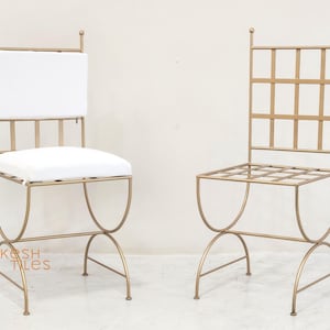 GOLDEN IRON CHAIRS - Handmade Handpainted Iron Stools For Home furniture - Powder Coated Wrought Chairs With Comfortable White Cushions