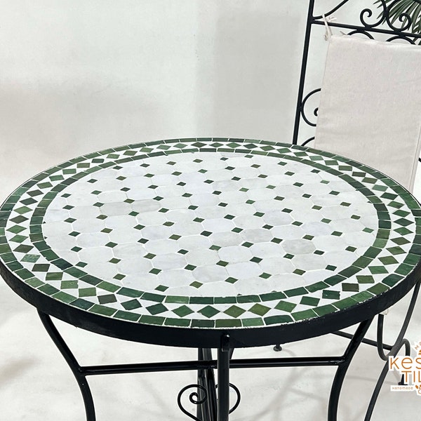 ARTISTIEKE MOZAÏEKTAFEL, Marokkaanse handgemaakte varengroene ronde tafel, traditioneel op maat gemaakt ontwerp, luxe binnen-/buitenterrasmeubilair