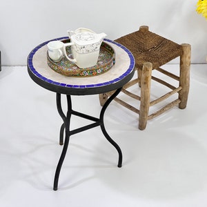 MAGNIFICENT MOSAIC TABLE, Made To Order Handmade Blue And Off White Tiles Table, Custom Made Round  Indoor/Outdoor For Home Decor