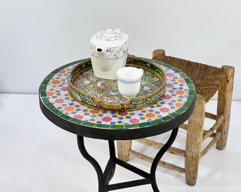 CUSTOMIZABLE MOSAIC TABLE, Made To Order Handmade Tiles Table, Custom Made Round  Indoor/Outdoor Hazel Green And Old Rose Mozaic Table