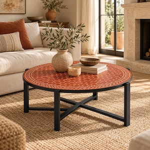 Peut inclure: Une table basse ronde dotée d'un plateau couleur terre cuite avec un motif de tuiles hexagonales blanches et une fine bordure blanche. La table est soutenue par un cadre en métal noir avec quatre pieds droits reliés par une base en croix.