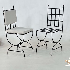 Set Of  MOROCCAN IRON CHAIRS - Handmade Handpainted Iron Stool - Outdoor Wrought Chair With White Cushions - Chairs Set For Home Furniture