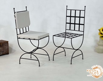 Set Of  MOROCCAN IRON CHAIRS - Handmade Handpainted Iron Stool - Outdoor Wrought Chair With White Cushions - Chairs Set For Home Furniture