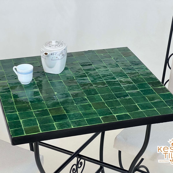 PATIO MOSAIC TABLE, Handmade Green Table, Moroccan Zellije Table, Traditional Custom Made Design,  Mid Century Mosaic Table