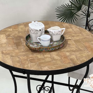 CUTE MOSAIC TABLE, Herringbone Custom Made Beige Table, Moroccan Mosaic Table, Traditional Moorish Andalusia Pattern, Luxurious Furniture