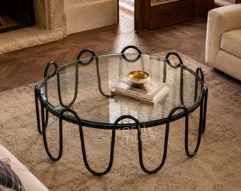 Round Glass Coffee Table, Black Wrought Iron Loop Base, Handmade Sculptural Center Table